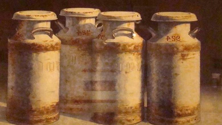 Watercolor painting of milk cans by J.D. Titzel